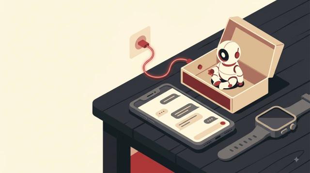 A tiny robot agent beside a matchbox, a smartwatch and phone on the desk