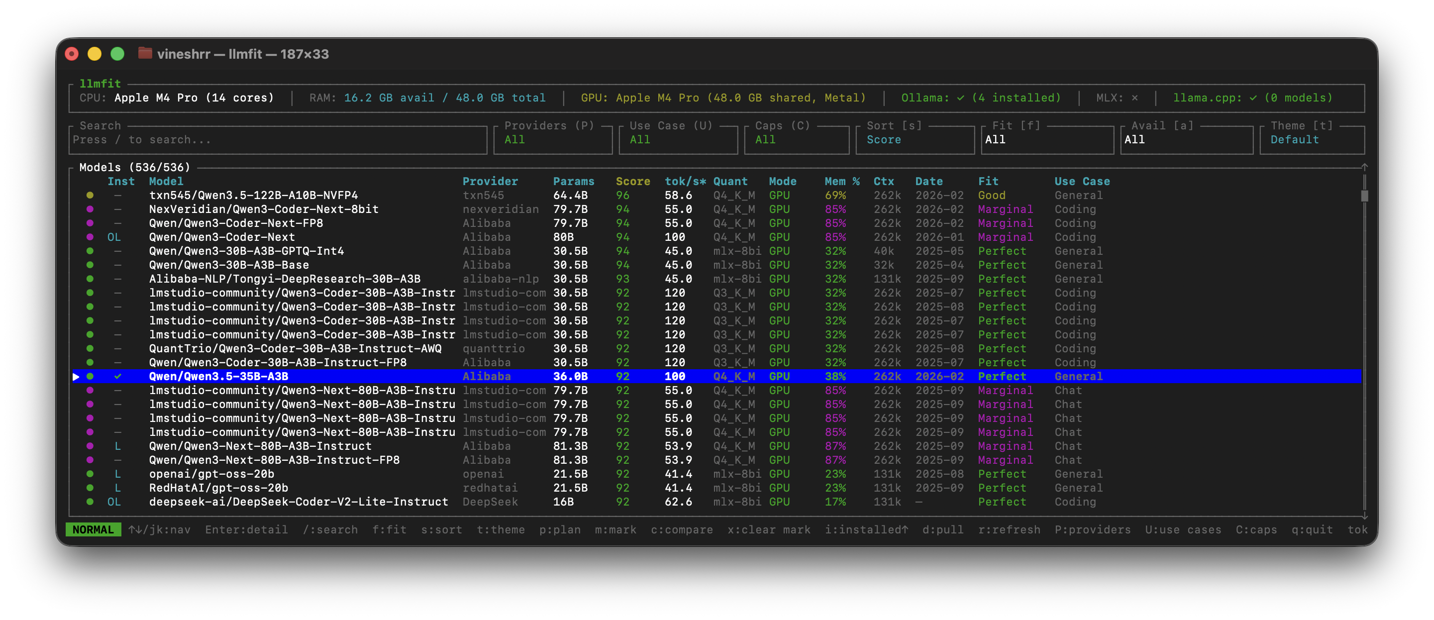 llmfit recommendation output